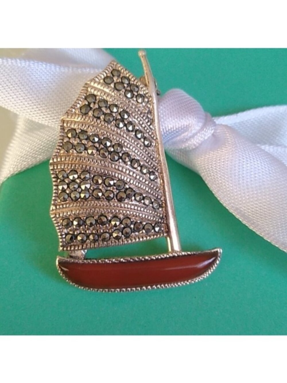 Sterling Silver + Marcasite Sailboat Pendant, 8.55g